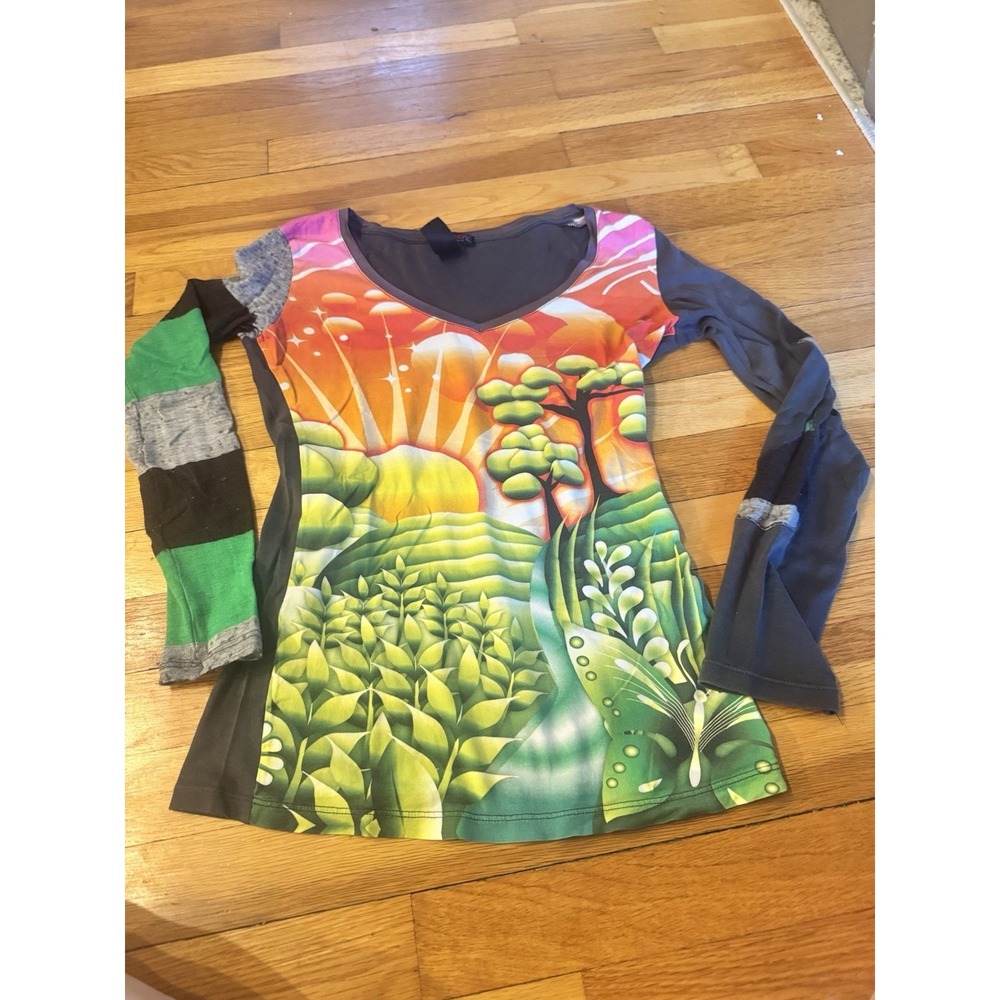 Vintage Custo Barcelona Graphic Art Landscape Shirt LS Sz Women's Xs Artsy Y2K